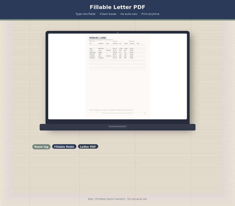 May include: A dark laptop screen displays a digital document titled Room Log - Living with columns for item, description, date, cost, and value. Above the screen, text reads Fillable Letter PDF, Type into fields, Check boxes, No auto-calc, Print anytime.