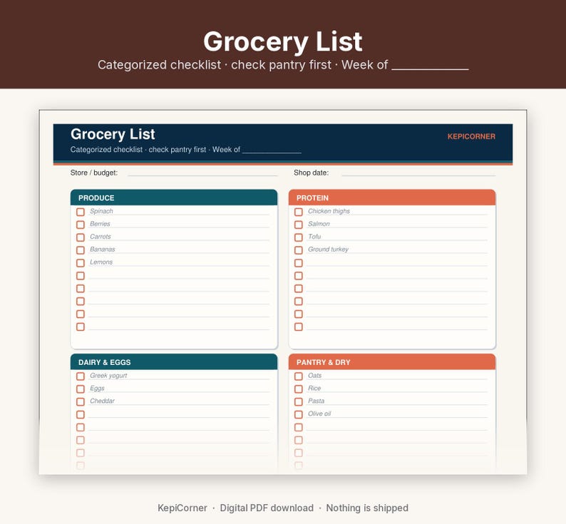 Weekly Meal Planner Printable + Grocery List Kit | Meal Prep Planner PDF | US Letter Instant Download image 3