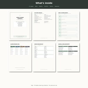 May include: A digital home cleaning schedule planner featuring 11 pages with sections for daily, weekly, monthly, room-by-room, and seasonal tasks. The layout includes checklists, frequency grids, and maintenance logs with black text on white paper.
