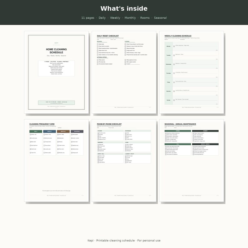May include: A digital home cleaning schedule planner featuring 11 pages with sections for daily, weekly, monthly, room-by-room, and seasonal tasks. The layout includes checklists, frequency grids, and maintenance logs with black text on white paper.