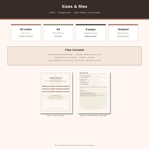 May include: A digital volunteer hours log template featuring two PDF files, eight pages each, in US Letter 8.5 x 11 inch and A4 210 x 297 mm sizes. The fillable and printable document includes a cover page and instructions for tracking volunteer time.