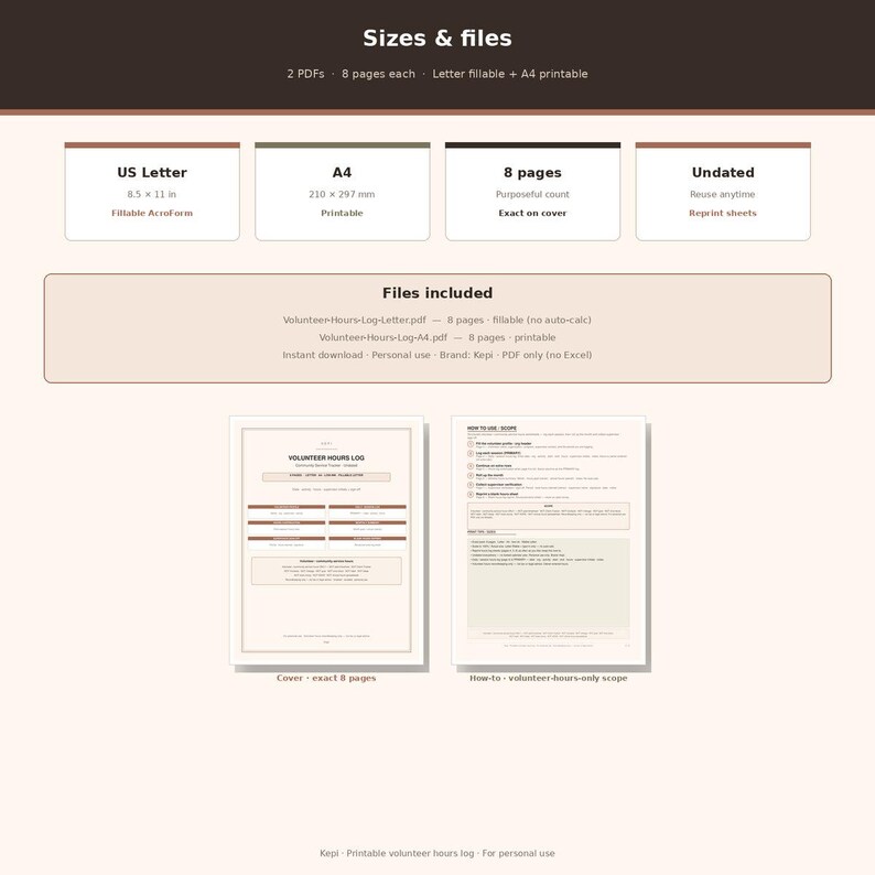 May include: A digital volunteer hours log template featuring two PDF files, eight pages each, in US Letter 8.5 x 11 inch and A4 210 x 297 mm sizes. The fillable and printable document includes a cover page and instructions for tracking volunteer time.
