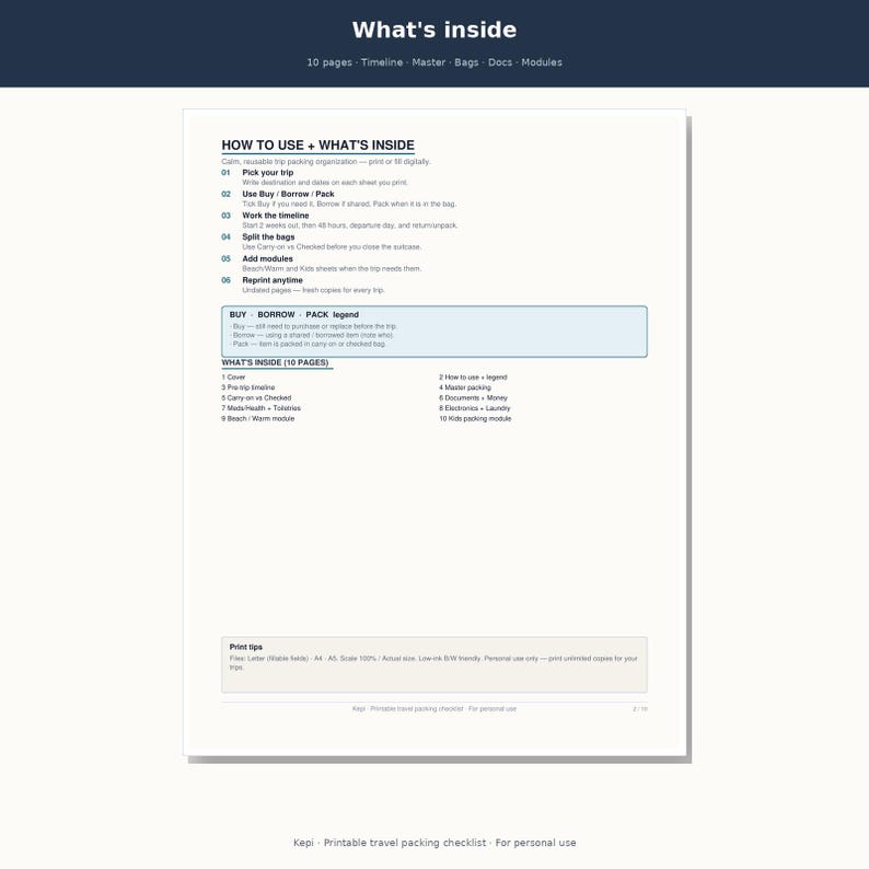 May include: A white printable travel packing checklist document featuring the header What's inside, followed by instructions on how to use the list, a Buy, Borrow, Pack legend, and a detailed 10-page index including timeline, bags, docs, and modules.