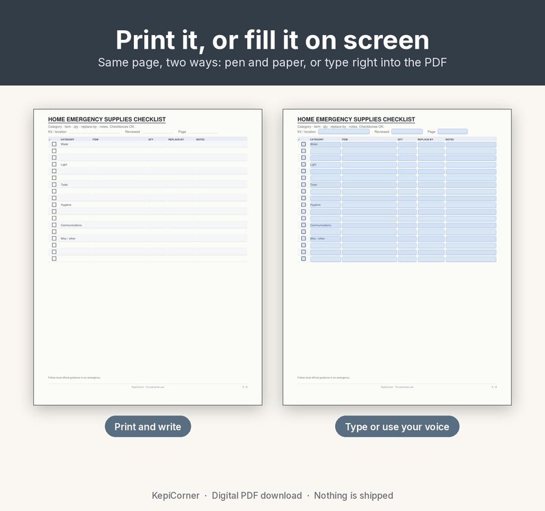Emergency Kit Checklist Printable | Go-Bag Preparedness Fillable PDF | Home Supplies Letter A4 image 4