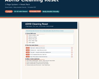 ADHD Cleaning Reset Pack Printable | Zone Timers Weekly Planner Stuck Cards | Busy Brain PDF