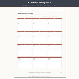 May include: A 12-month at-a-glance undated annual bill tracker printable sheet. The document features twelve rectangular sections for each month, with headers in dark red. Each section includes lines for total due, total paid, late fee, and notes.