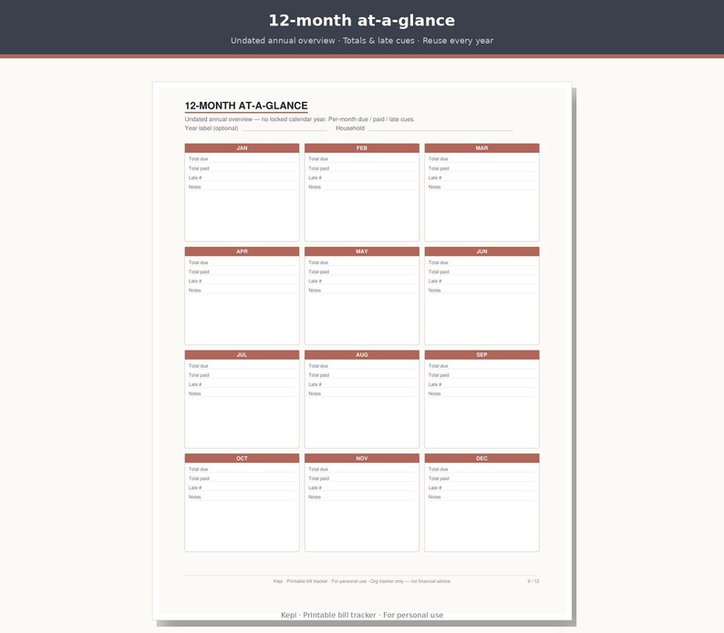 May include: A 12-month at-a-glance undated annual bill tracker printable sheet. The document features twelve rectangular sections for each month, with headers in dark red. Each section includes lines for total due, total paid, late fee, and notes.