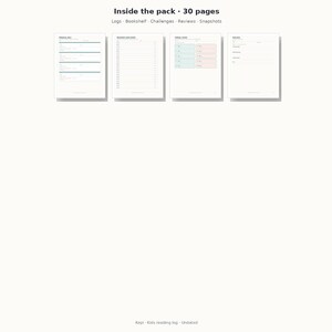 May include: A digital planner pack containing 30 pages with sections for logs, bookshelf, challenges, reviews, and snapshots. The layout features four distinct white page templates with black text, lines, and colored boxes for tracking reading progress.