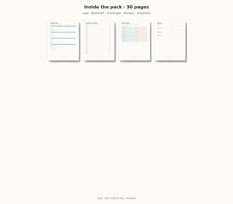 May include: A digital planner pack containing 30 pages with sections for logs, bookshelf, challenges, reviews, and snapshots. The layout features four distinct white page templates with black text, lines, and colored boxes for tracking reading progress.