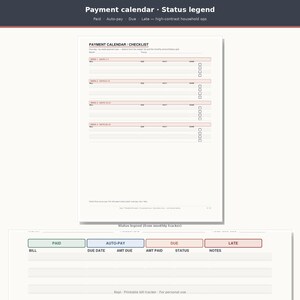 May include: A printable payment calendar and checklist document featuring sections for weekly bills, due dates, and status tracking. The layout includes a status legend with color-coded boxes for paid, auto-pay, due, and late payment categories.