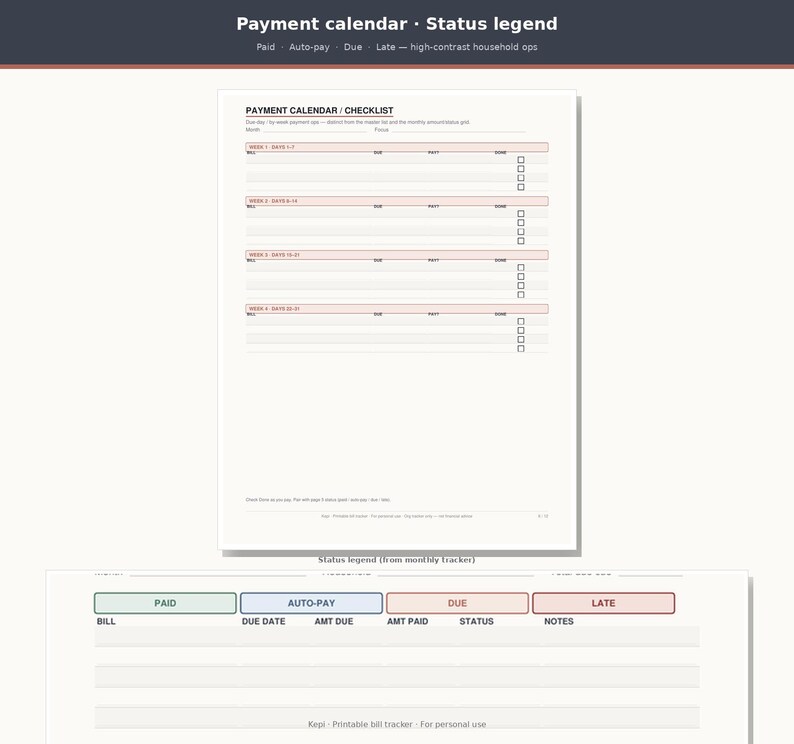 May include: A printable payment calendar and checklist document featuring sections for weekly bills, due dates, and status tracking. The layout includes a status legend with color-coded boxes for paid, auto-pay, due, and late payment categories.