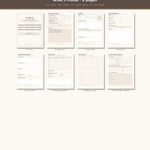 May include: A set of eight printable pet care log pages featuring a neutral color palette. The pages include sections for pet profile, contact information, care instructions, feeding routines, walk logs, and medical records with clear headings.