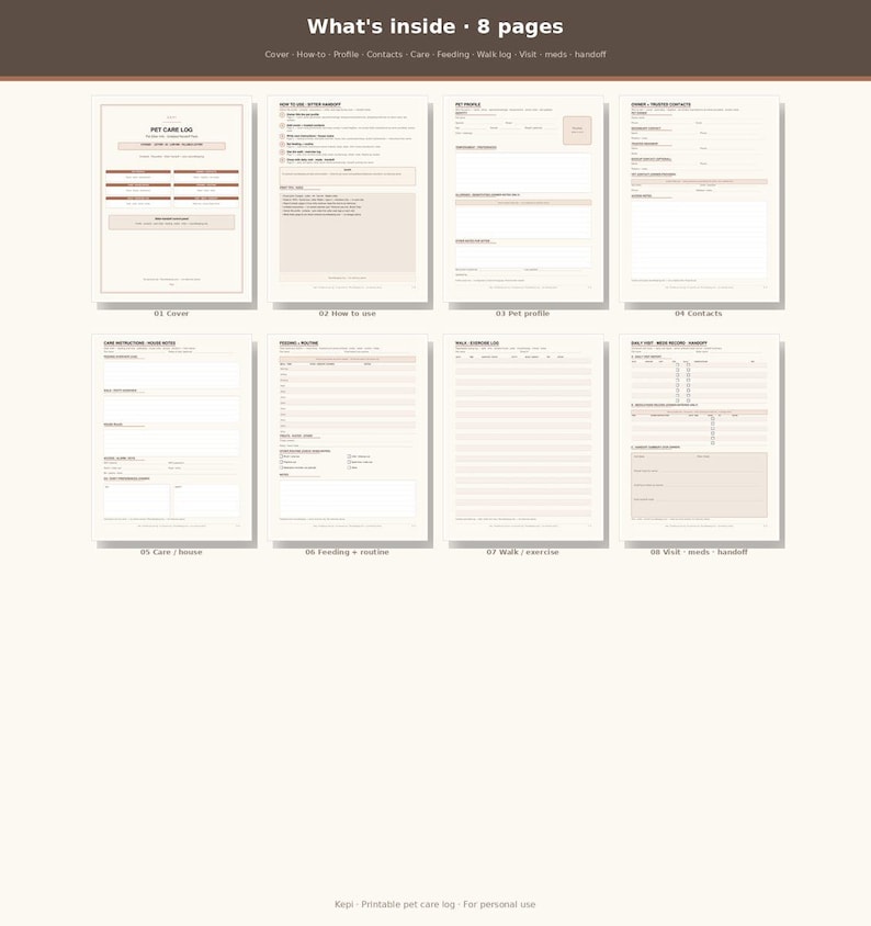 May include: A set of eight printable pet care log pages featuring a neutral color palette. The pages include sections for pet profile, contact information, care instructions, feeding routines, walk logs, and medical records with clear headings.