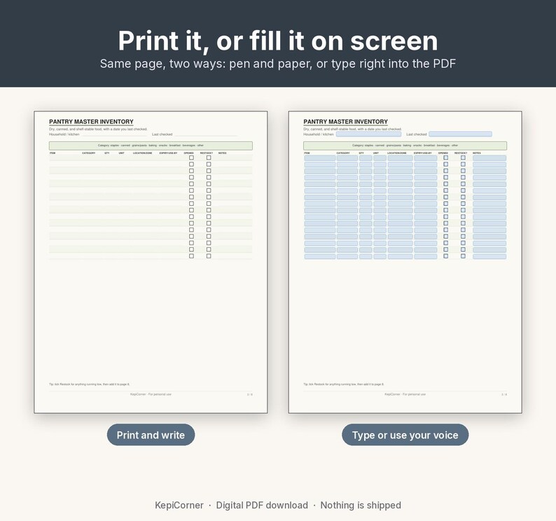 Pantry Inventory Checklist Printable | Kitchen Fridge Freezer Spice | Fillable PDF Letter A4 image 4