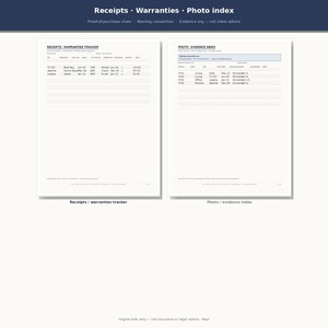 May include: A white document template featuring a Receipts and Warranties Tracker on the left and a Photo and Evidence Index on the right. The pages include columns for item details, dates, and storage locations, with headers for organization and record keeping.