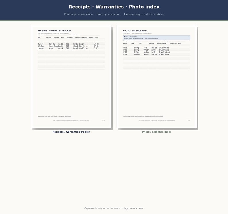 May include: A white document template featuring a Receipts and Warranties Tracker on the left and a Photo and Evidence Index on the right. The pages include columns for item details, dates, and storage locations, with headers for organization and record keeping.