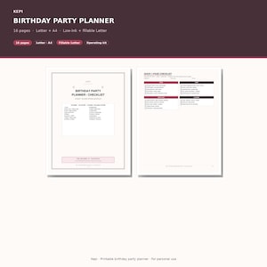 May include: A digital birthday party planner and checklist set featuring 16 pages in Letter and A4 formats. The document includes a cover page titled Birthday Party Planner / Checklist and a Quick 1-Page Checklist with sections for planning, shopping, party day, and cleanup.