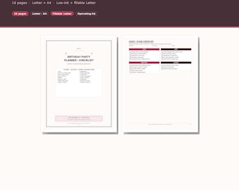 Birthday Party Planner Checklist Printable | Undated Reusable Kit | Fillable PDF Letter A4