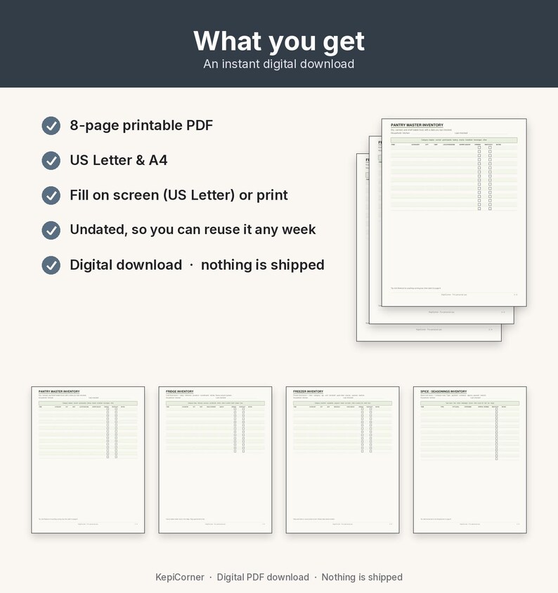 Pantry Inventory Checklist Printable | Kitchen Fridge Freezer Spice | Fillable PDF Letter A4 image 10
