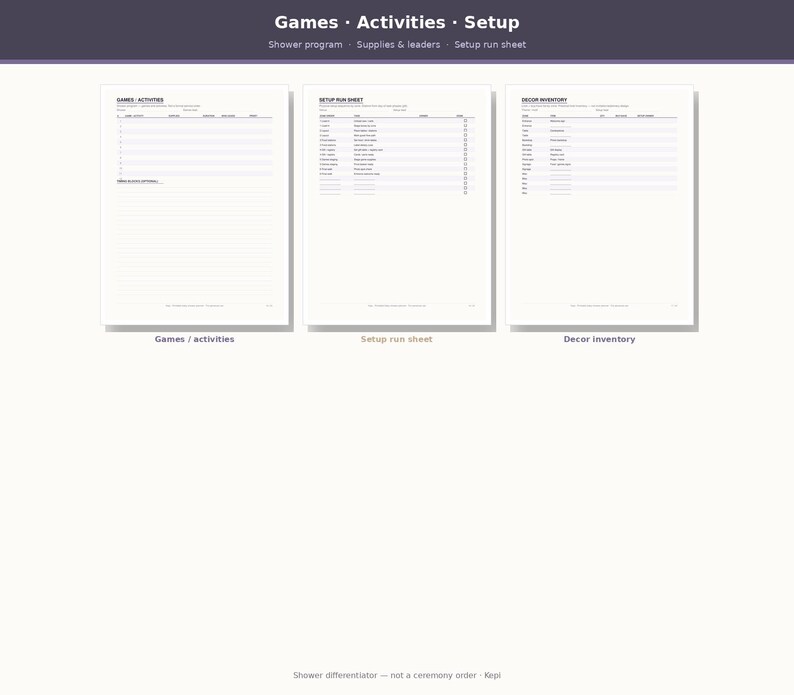 May include: Three white printable sheets titled Games, Activities, Setup, Setup Run Sheet, and Decor Inventory. Each page features black text, organized tables with columns for details, and lined sections for notes on a clean, minimalist white background.