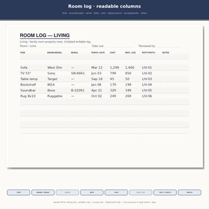 May include: A printable room log document titled ROOM LOG &mdash; LIVING with columns for item, brand, model, serial, purchase date, cost, replacement cost, receipt photo, and notes. The table includes sample entries for furniture and electronics.