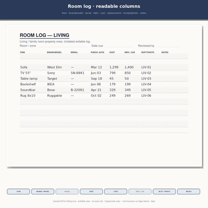May include: A printable room log document titled ROOM LOG &mdash; LIVING with columns for item, brand, model, serial, purchase date, cost, replacement cost, receipt photo, and notes. The table includes sample entries for furniture and electronics.