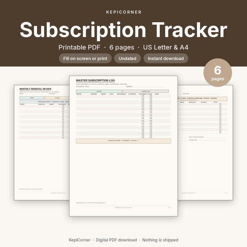 Subscription Tracker Printable | Recurring Subscriptions Keep Change Cancel | Fillable PDF Letter A4 image 1