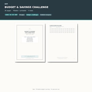 May include: A digital budget and savings challenge pack featuring two white pages with black text. The left page is a title sheet labeled Budget & Savings Challenge Pack, while the right page displays a 52-week savings challenge tracker with rows of boxes.