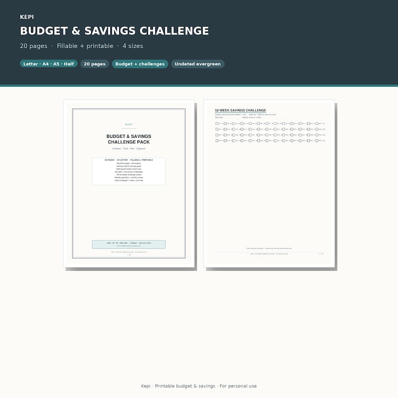 May include: A digital budget and savings challenge pack featuring two white pages with black text. The left page is a title sheet labeled Budget & Savings Challenge Pack, while the right page displays a 52-week savings challenge tracker with rows of boxes.