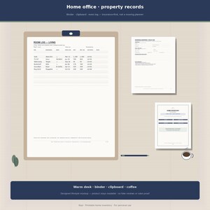 May include: A clipboard with a room log document, two additional inventory sheets, a dark blue pen, and a small cup of coffee. The documents feature printed text including Home office, property records, Room log, and Home inventory labels.