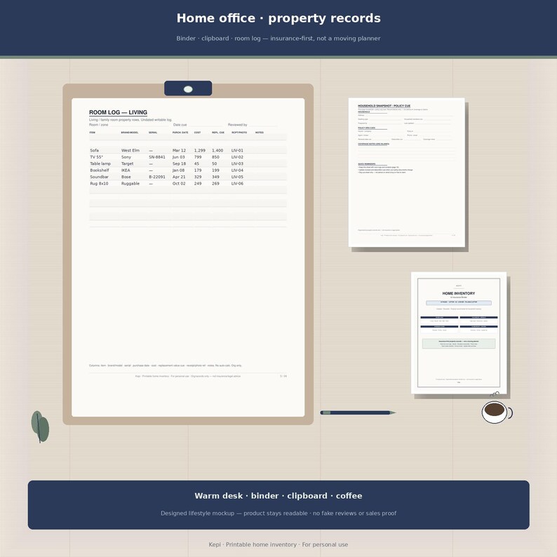 May include: A clipboard with a room log document, two additional inventory sheets, a dark blue pen, and a small cup of coffee. The documents feature printed text including Home office, property records, Room log, and Home inventory labels.