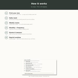 May include: A digital instructional guide titled How it works, outlining six steps for a printable cleaning system. The text details daily, weekly, monthly, and seasonal tasks, noting options to print in Letter, A4, or Half Letter sizes or fill digitally.