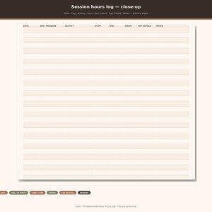 May include: A printable session hours log sheet with a light cream background and dark brown headers. The columns are labeled Date, Org/Program, Activity, Start, End, Hours, Sup. Initials, and Notes. The document features horizontal lines for recording data entries.