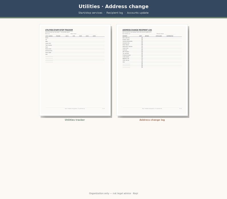 May include: Two white printable planner pages titled Utilities Address change. The left page is a Utilities Start-Stop Tracker with columns for service, date, and status. The right page is an Address-Change Recipient Log with a checklist for various accounts.