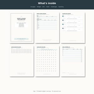 May include: A 20-page budget and savings challenge pack featuring white paper sheets with black text and lines. The pages include a budget overview, savings goals tracker, 52-week savings challenge, 100-envelope challenge, and a weekly spending log.