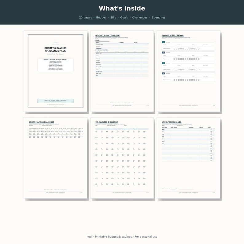 May include: A 20-page budget and savings challenge pack featuring white paper sheets with black text and lines. The pages include a budget overview, savings goals tracker, 52-week savings challenge, 100-envelope challenge, and a weekly spending log.