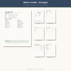 May include: A 30-page home moving planner featuring a detailed index and various organizational templates. The document includes sections for planning, timelines, room layouts, admin, boxes, and new home checklists with clear black text on white.