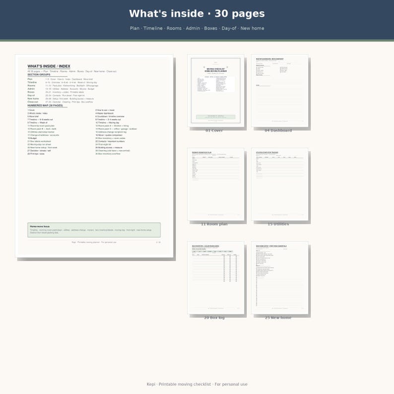 May include: A 30-page home moving planner featuring a detailed index and various organizational templates. The document includes sections for planning, timelines, room layouts, admin, boxes, and new home checklists with clear black text on white.