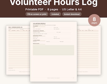 Volunteer Hours Log Printable | Community Service Tracker Fillable PDF | Letter A4