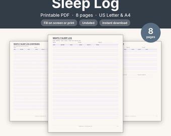 Sleep Log Printable | Nightly Sleep Tracker Fillable PDF | Letter A4