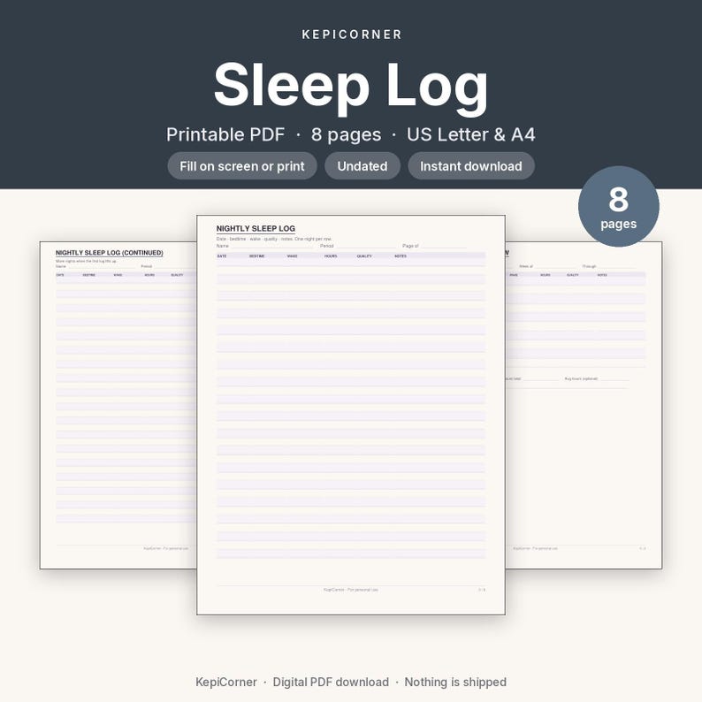 Sleep Log Printable | Nightly Sleep Tracker Fillable PDF | Letter A4 image 1