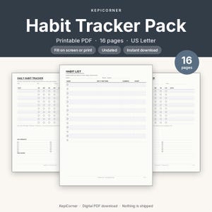 Habit Tracker Pack Printable | Daily Weekly Monthly 30-Day Yearly | Minimal Undated PDF US Letter image 1