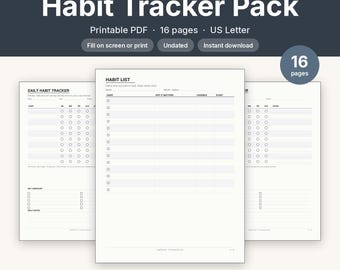Gewohnheitstracker-Paket zum Ausdrucken | Täglich, Wöchentlich, Monatlich, 30-Tage, Jährlich | Minimalistisches, undatiertes PDF (US-Letter-Format)