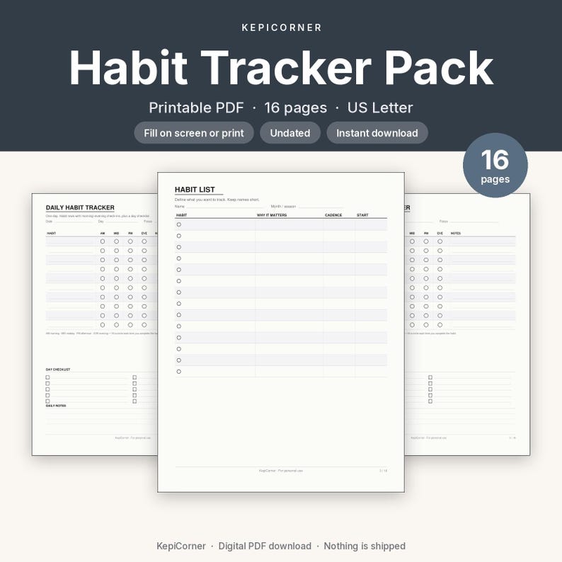 Habit Tracker Pack Printable | Daily Weekly Monthly 30-Day Yearly | Minimal Undated PDF US Letter image 1