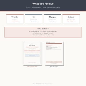 May include: A digital bill tracker document set featuring two PDF files with 12 pages each, available in US Letter 8.5 x 11 inch fillable format and A4 printable format. The layout includes a cover page and print tips with undated sections.