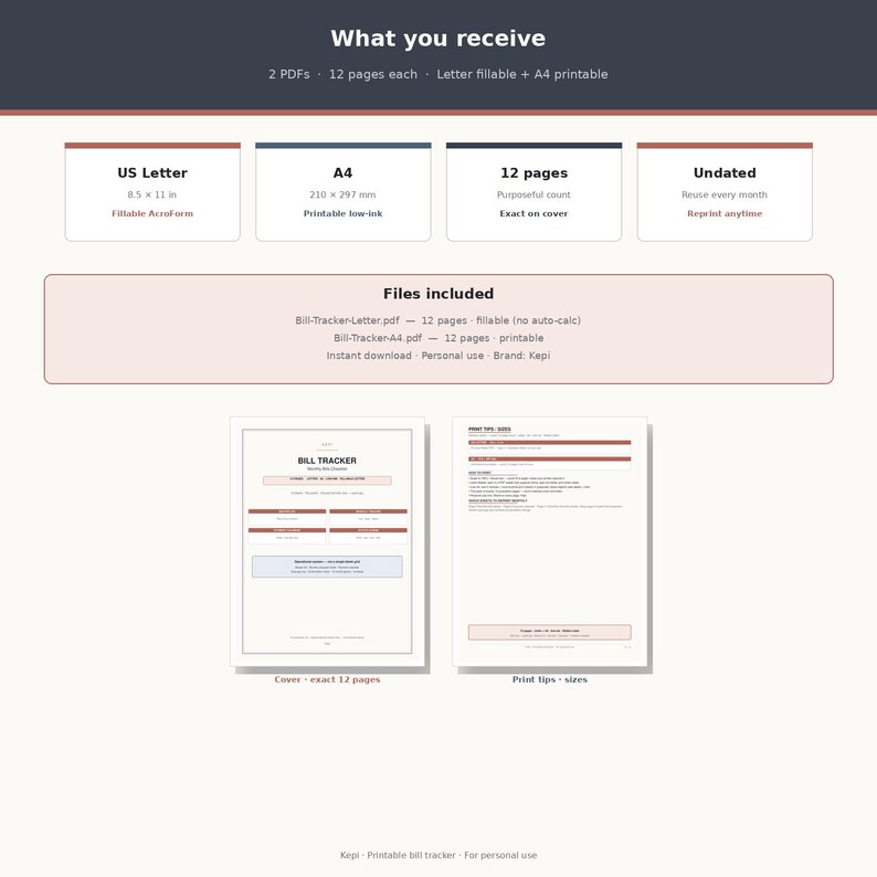 May include: A digital bill tracker document set featuring two PDF files with 12 pages each, available in US Letter 8.5 x 11 inch fillable format and A4 printable format. The layout includes a cover page and print tips with undated sections.
