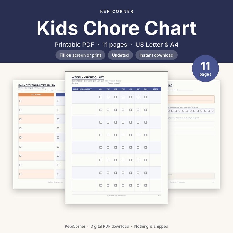 Kids Chore Chart Printable | Weekly Daily Responsibility Chart | Fillable PDF Letter A4 image 1