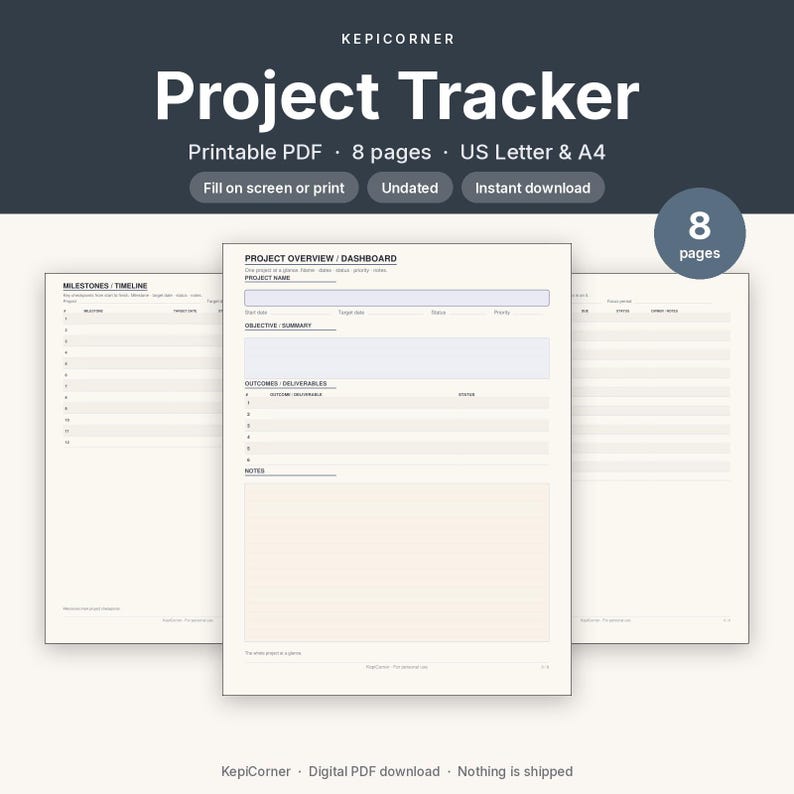 Project Tracker Printable | Project Planner Fillable PDF | One Project Overview Letter A4 image 1