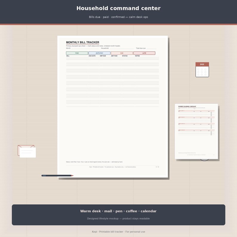 May include: A printable monthly bill tracker document featuring a grid layout with columns for bill, due date, amount due, amount paid, status, and notes. The document includes a small calendar icon, a blank envelope, and a pen on a beige background.