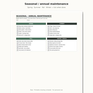 May include: A white printable seasonal and annual maintenance checklist with dark green headers for Spring, Summer, Fall, and Winter. The document features checkboxes for tasks like deep cleaning windows, checking gutters, and servicing AC units for home upkeep.